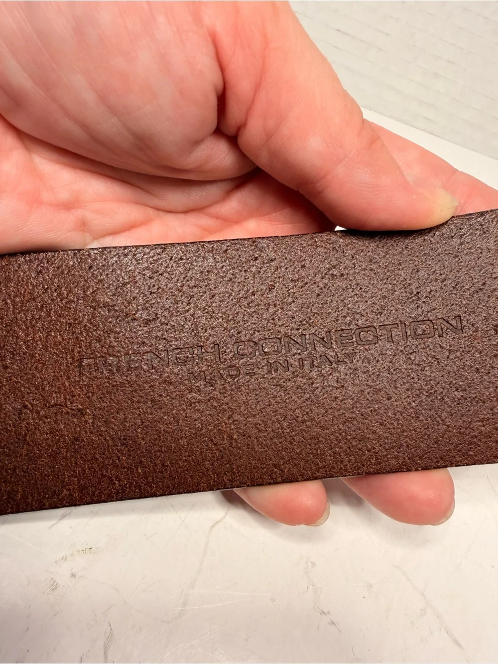 French Connection Brown Leather Wide Waist Belt with Double Ring Buckle 38 inch